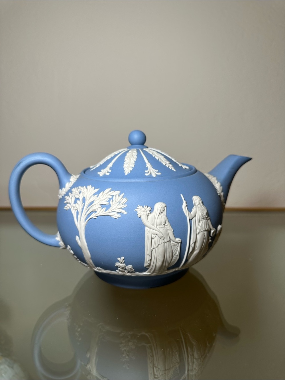 Wedgwood Blue Jasperware Teapot with White Classical Relief